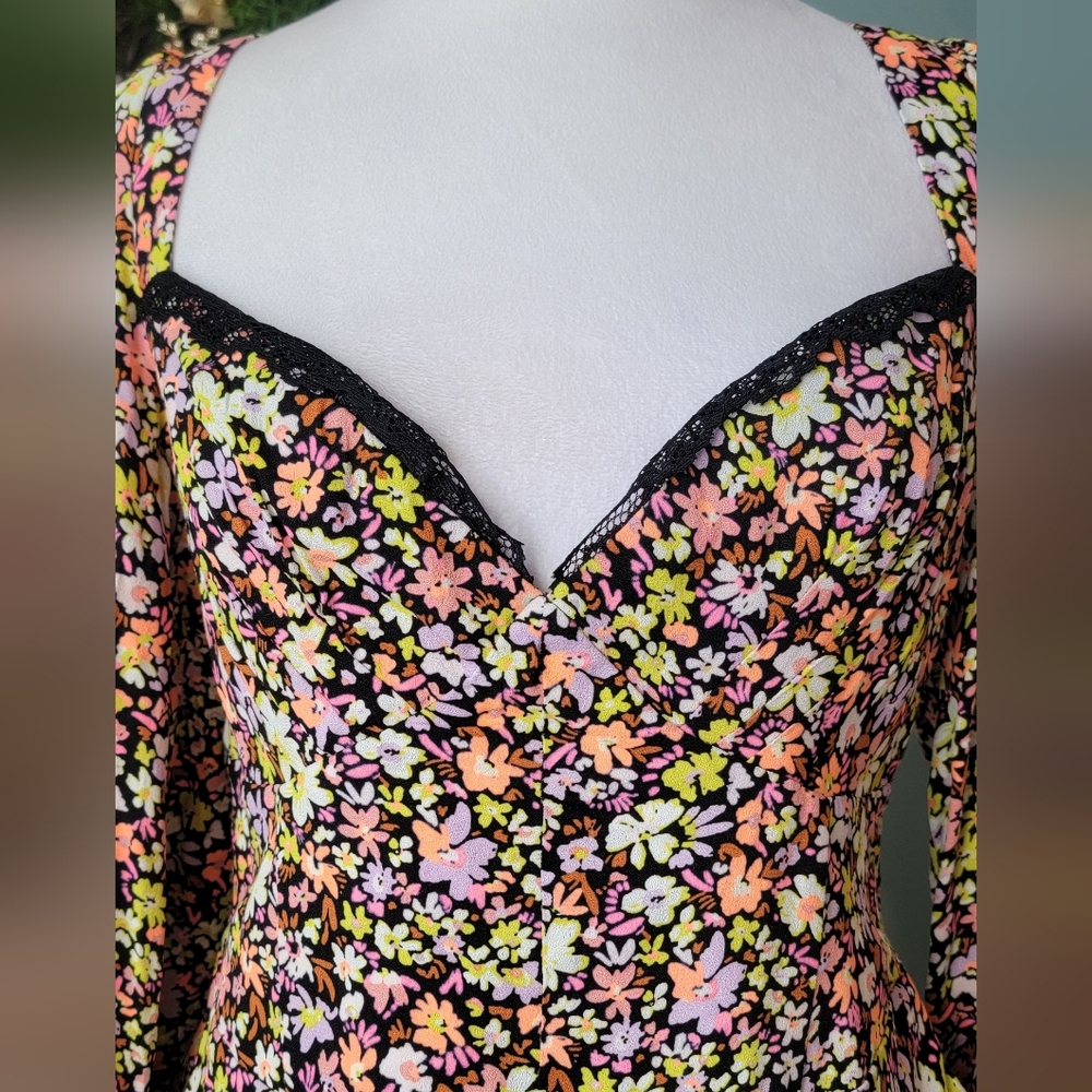 AFRM Modesto Sweetheart Long Sleeve Mini Dress Womens M Black Multi Neon Floral - Picture 9 of 16